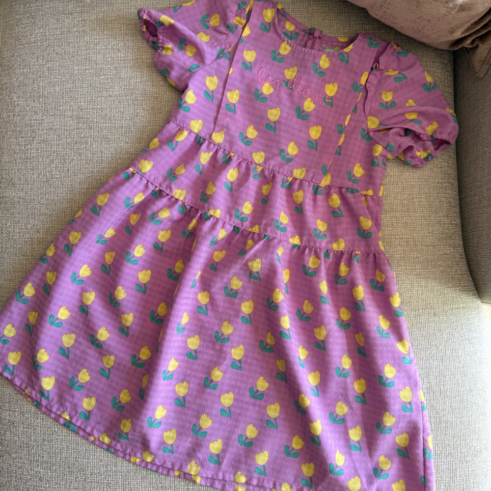 Benetton Purple Dress with Yellow Floral Tulips Easter Spring ruffle sleeves 7-8